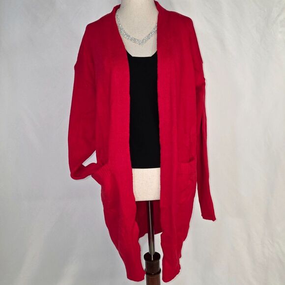 True Red Soft Open Cardigan with Pockets & Fitted Sleeves, Size Large - Picture 2 of 8